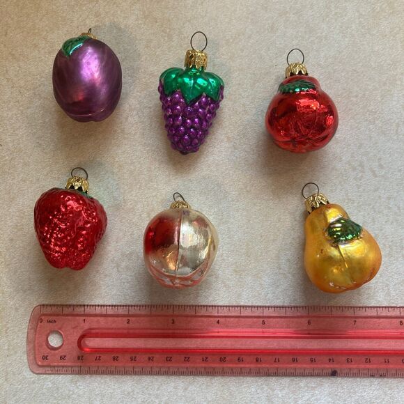 Vtg Lot 6 Fruit Glass Christmas Ornament Set Plum Grape 2 Pears Strawberry Apple - Picture 2 of 12